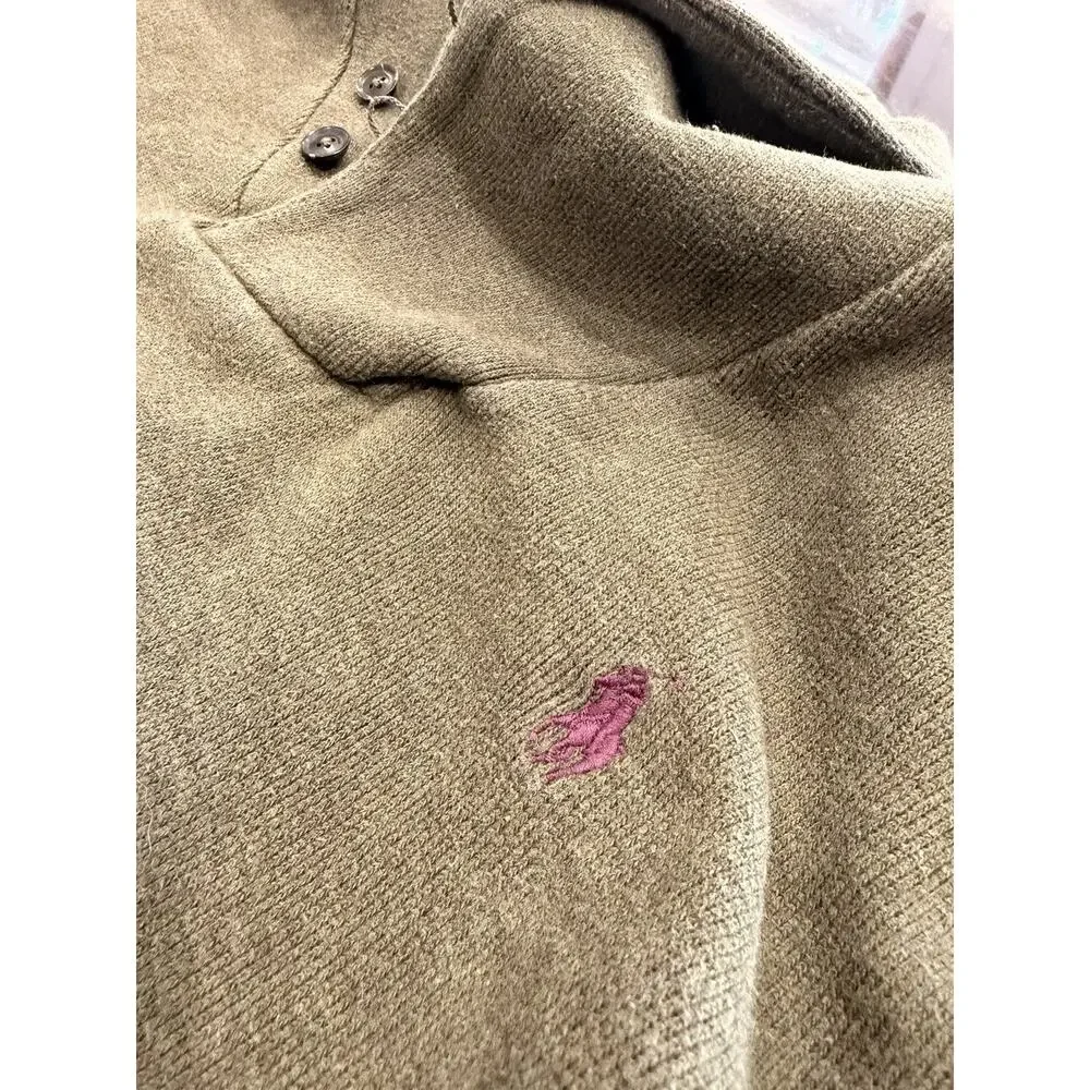 Polo Ralph Lauren XL Shawl Collar Sweatshirt Olive Green Leather Elbow Patches